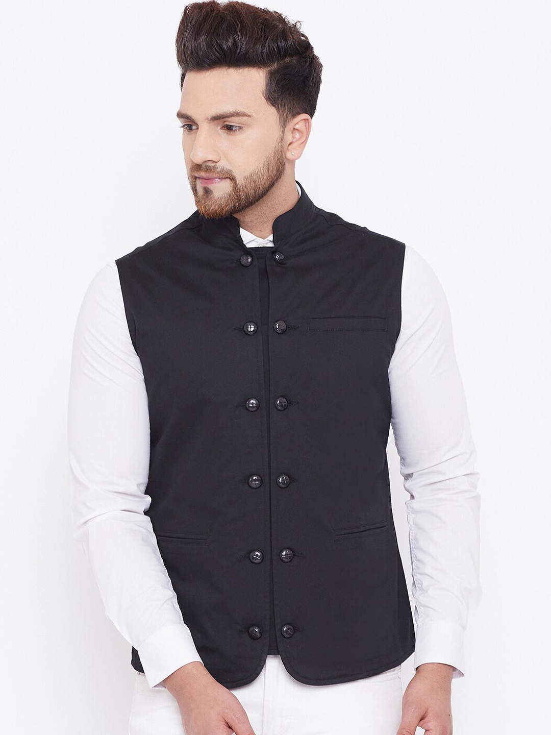 

Hypernation Men Black Solid Cotton Waistcoat