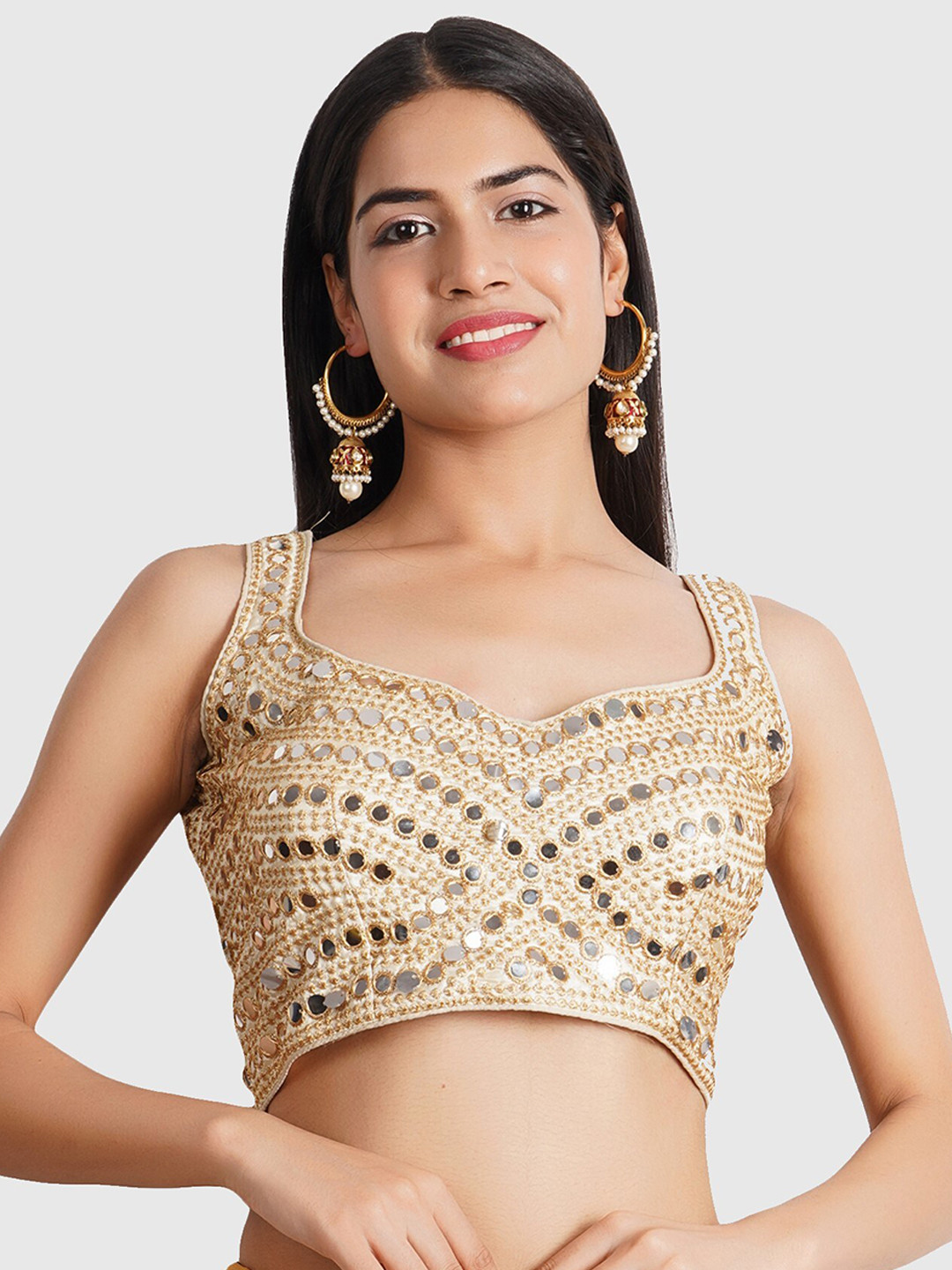 

Trendzmy Women Off White & Gold-Toned Mirror Work Saree Blouse