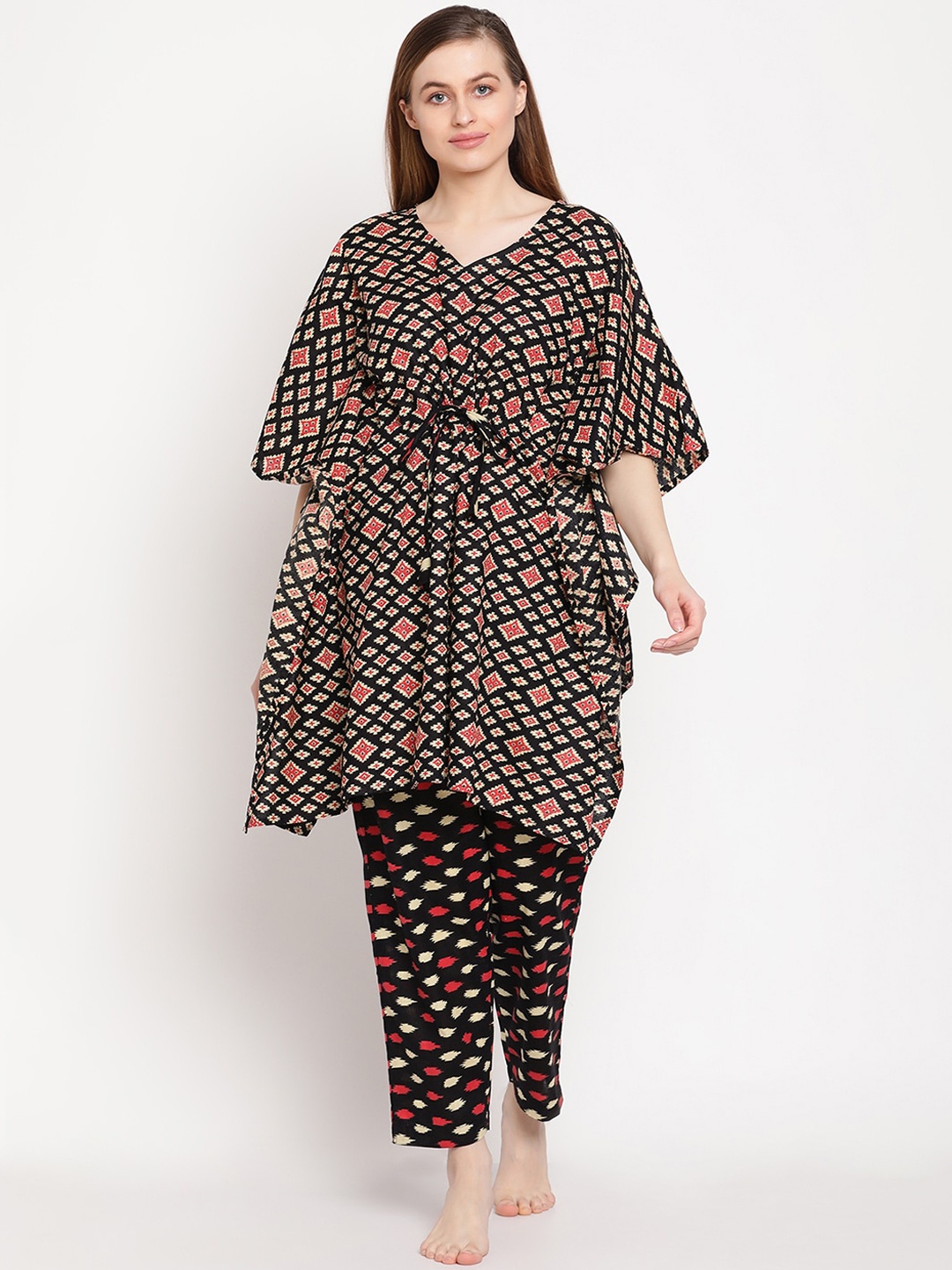

TAG 7 Women Black & Red Printed Night Suit