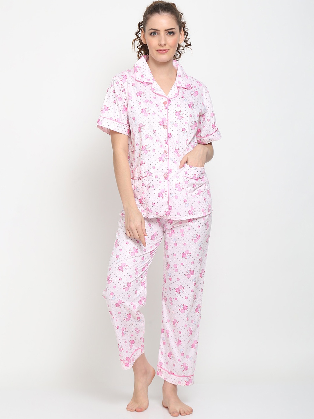 

TAG 7 Women Pink & White Printed Night suit