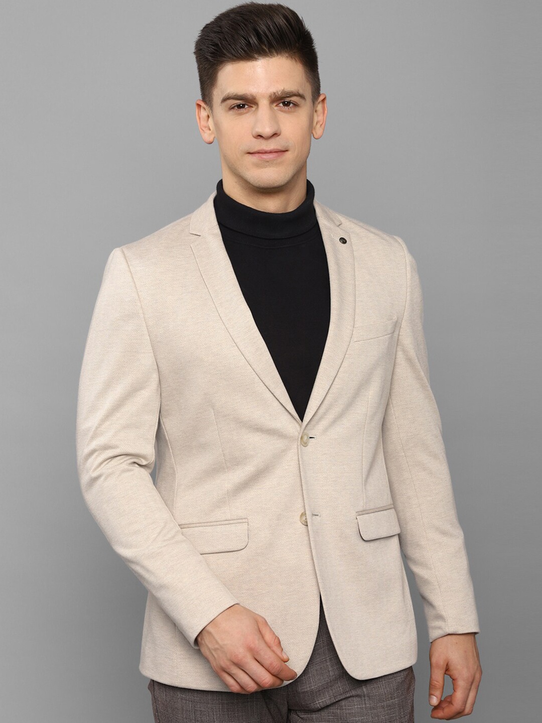 

Allen Solly Men Cream Self-Design Single-Breasted Blazers Formal Slim-Fit Blazer