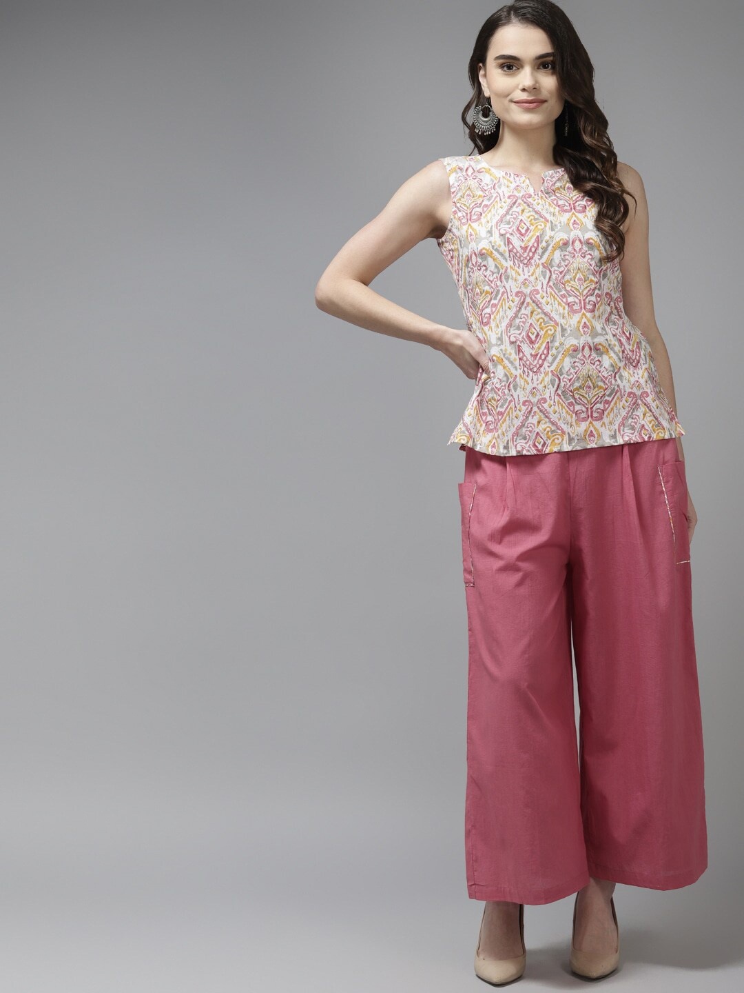 

Amirah s Women Pink & Off White Ethnic Motifs Printed Pure Cotton Top with Palazzos