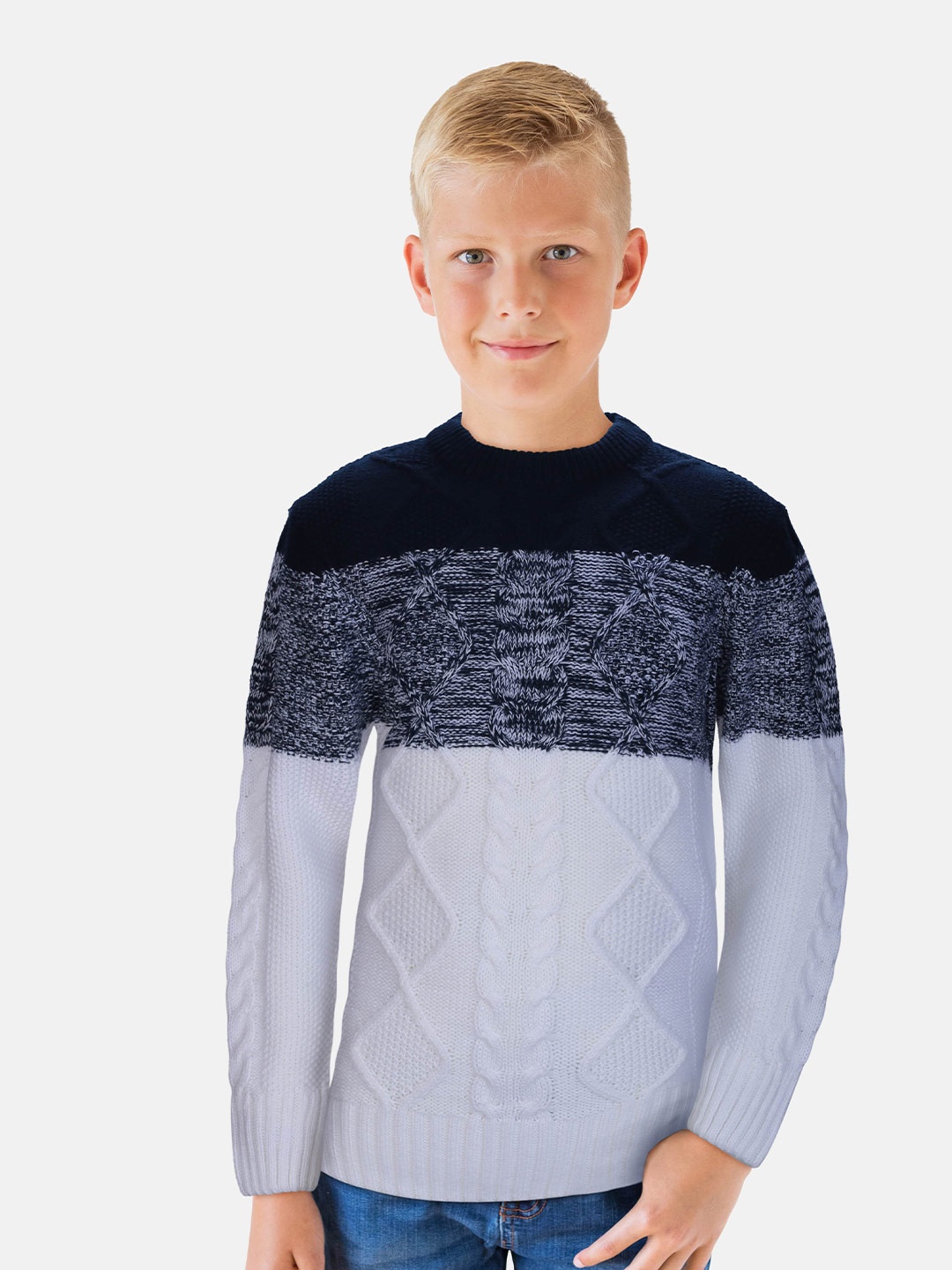 

Gini and Jony Boys White & Blue Cable Knit Colourblocked Pullover