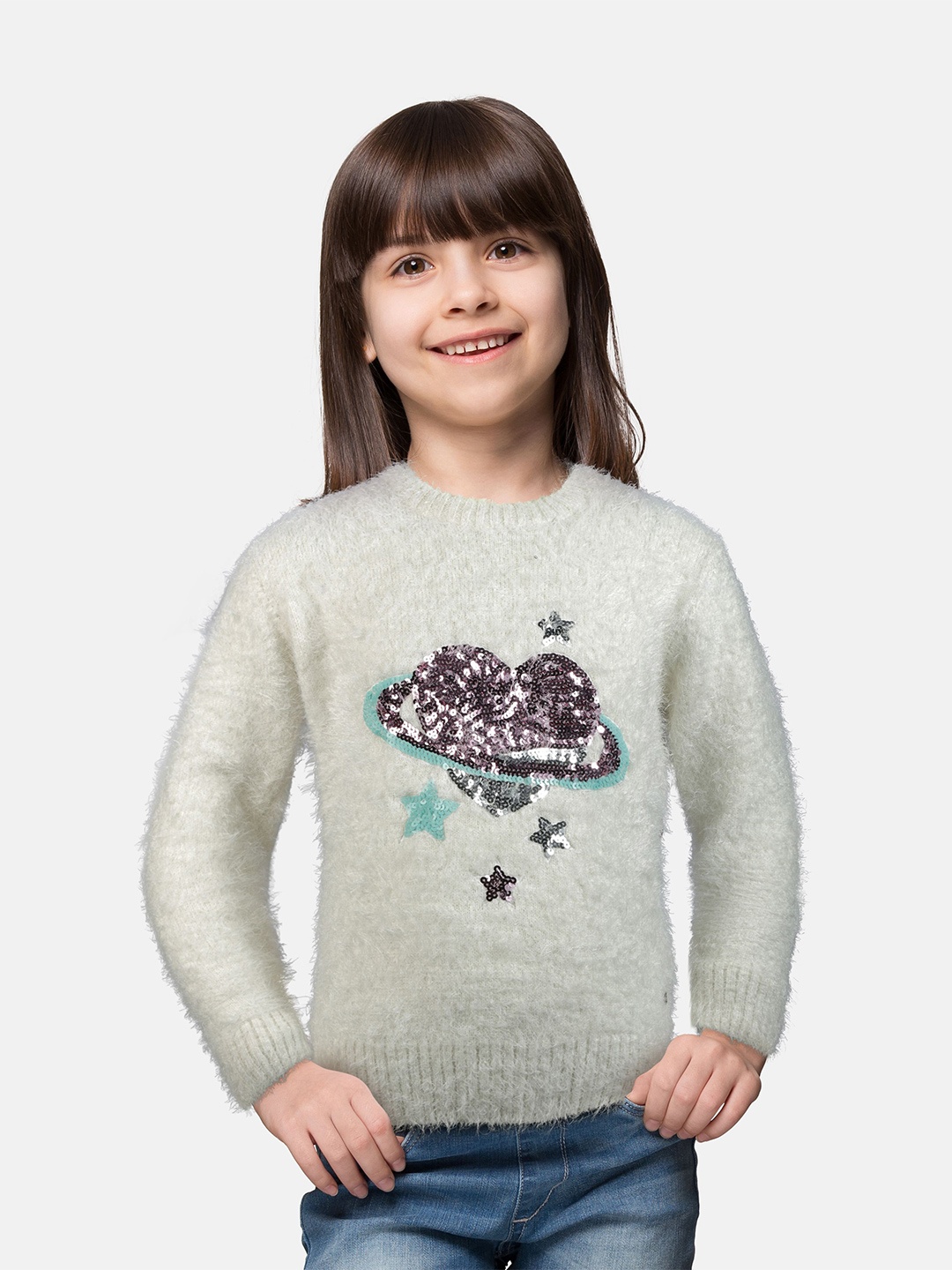 

Gini and Jony Girls White & Purple Embroidered Woolen Pullover