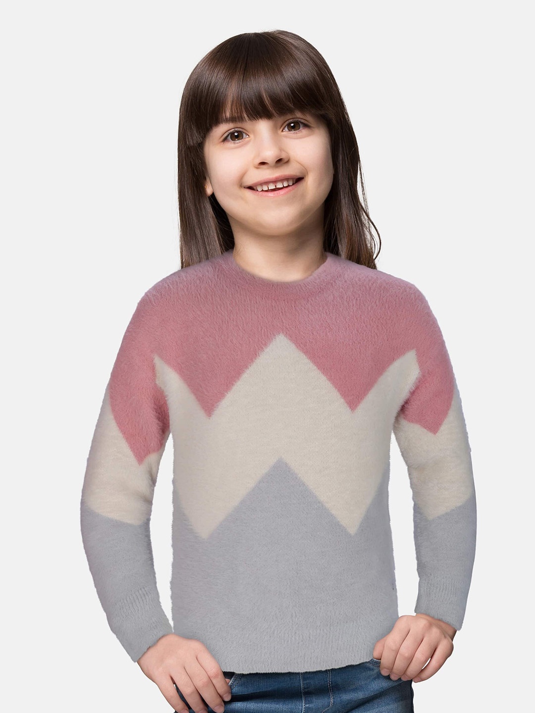 

Gini and Jony Girls Pink & Off White Colourblocked Pullover