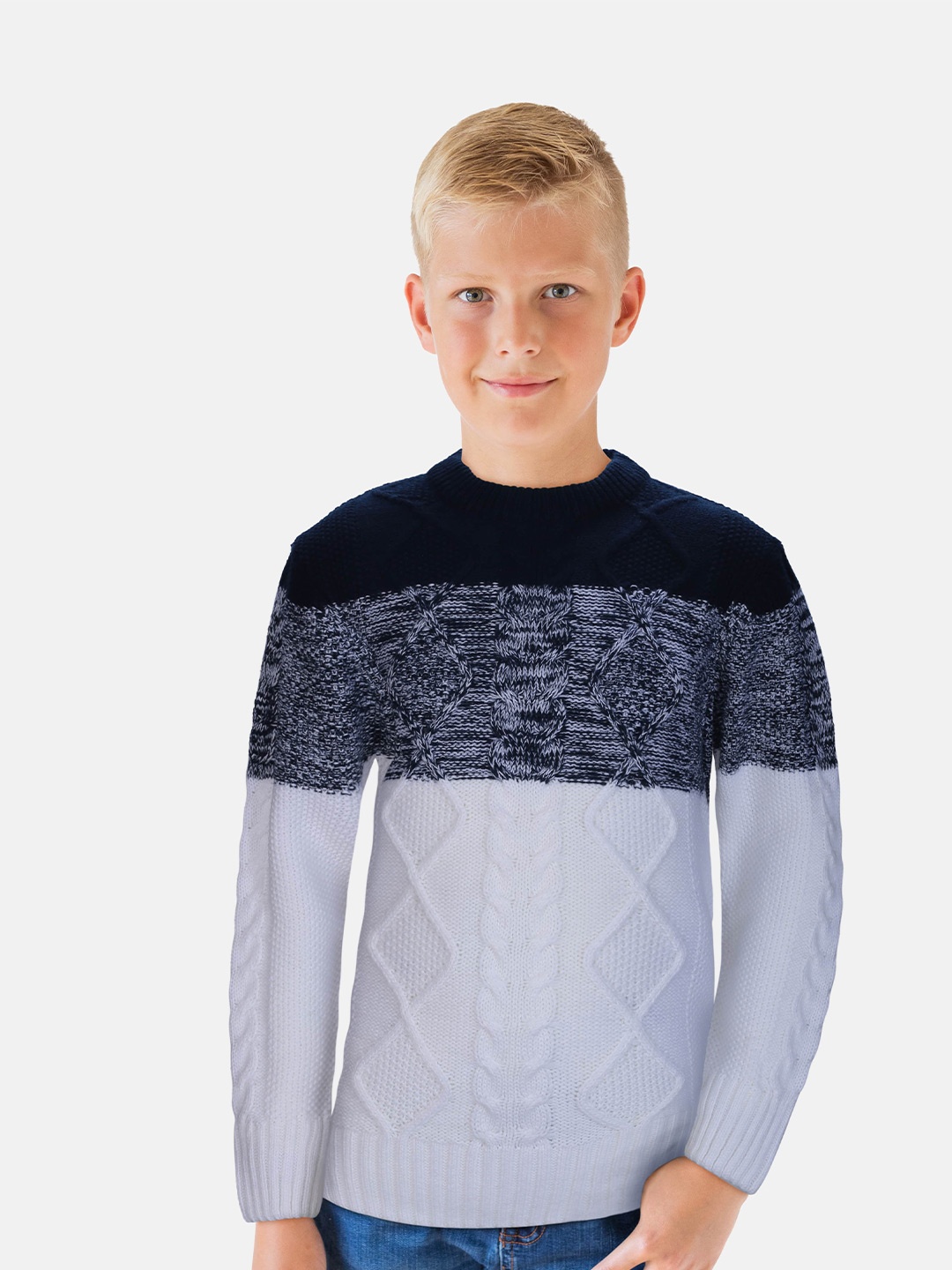 

Gini and Jony Boys White & Blue Colourblocked Pullover with Fuzzy Detail