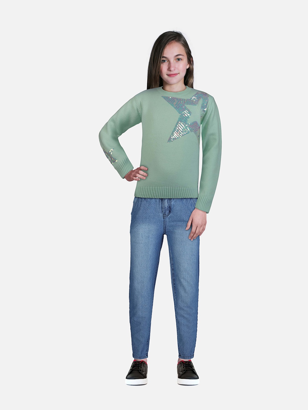 

Gini and Jony Girls Green Printed Pullover with Embellished Detail