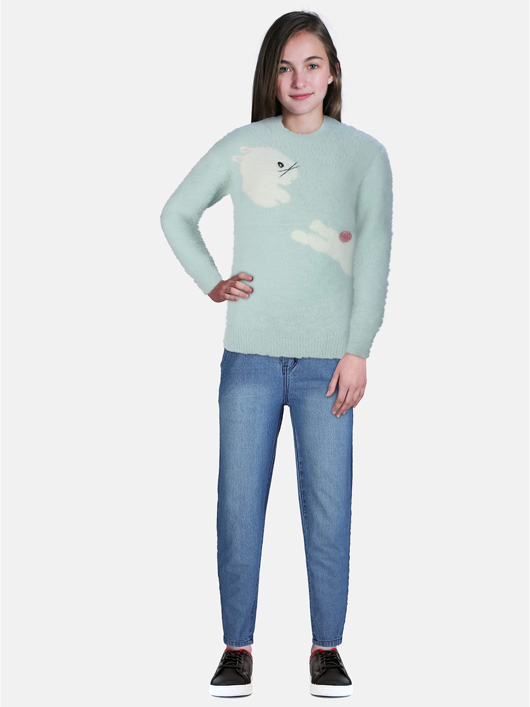 

Gini and Jony Girls Sea Green & White Printed Pullover