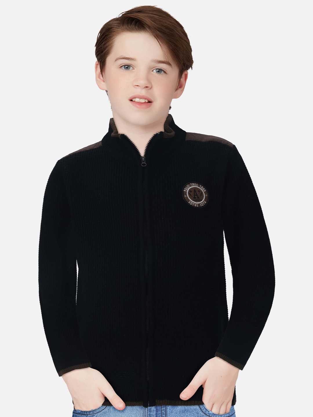 

Gini and Jony Boys Black Self Design Wool Mock Collar Pullover
