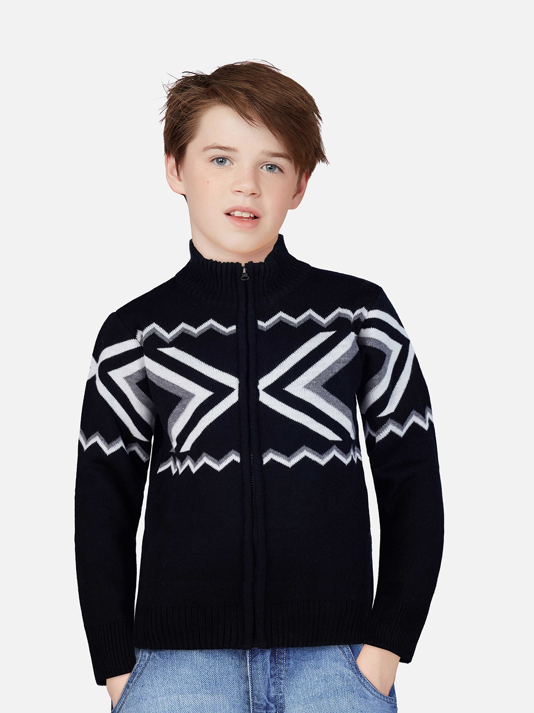 

Gini and Jony Boys Navy Blue & White Printed Cardigan