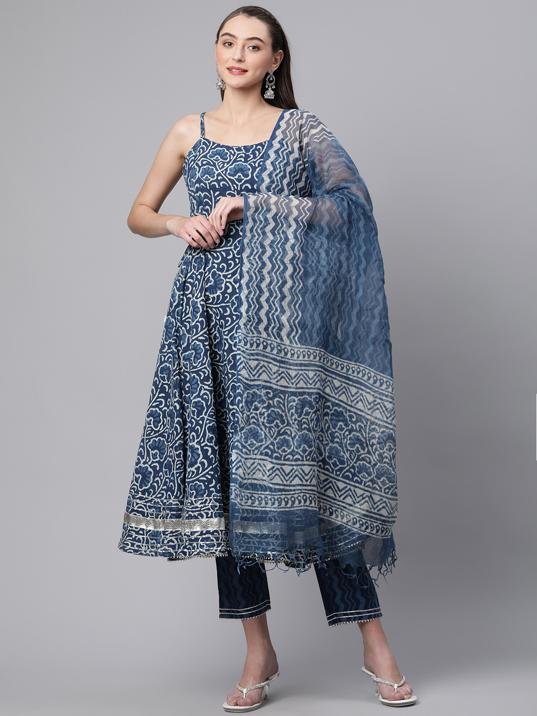 

Divena Women Blue Printed Gotta Patti Pure Cotton Kurta with Trousers & With Dupatta