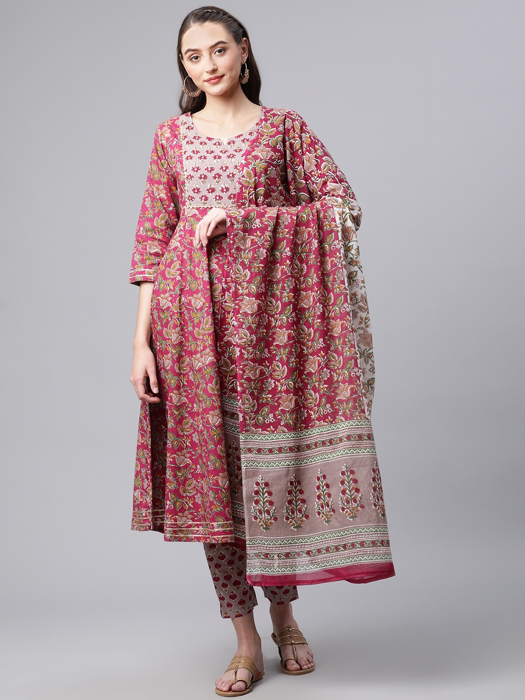 

Divena Women Pink Floral Printed Gotta Patti Pure Cotton Kurta with Trousers & With Dupatta