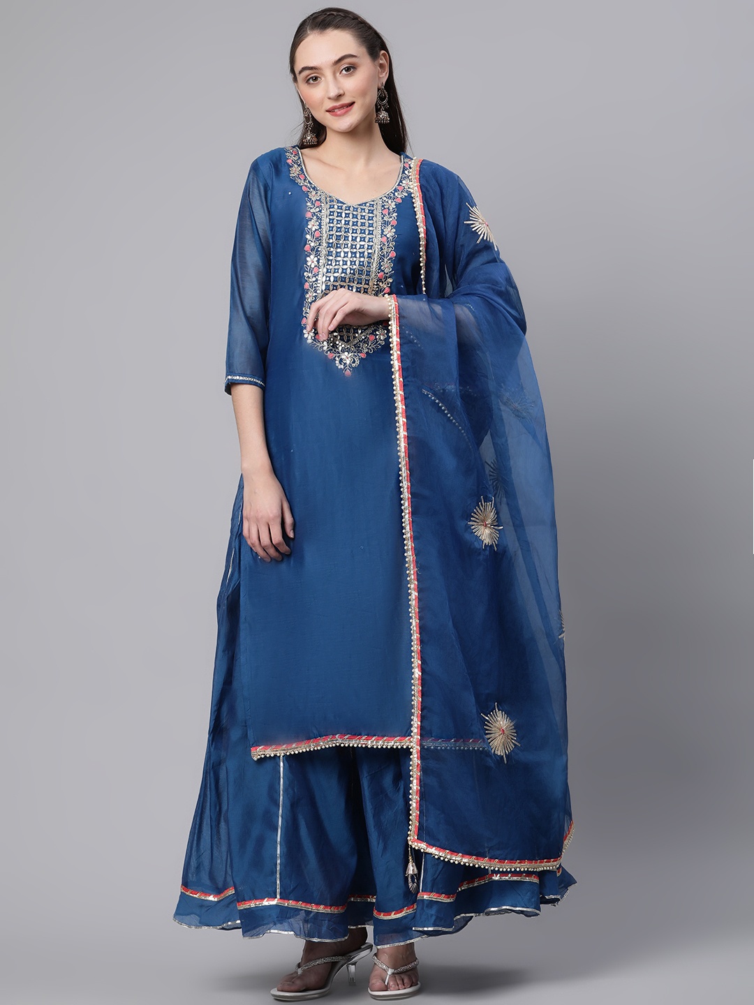 

Divena Women Blue Printed Gotta Patti Chanderi Cotton Kurta with Skirt & With Dupatta