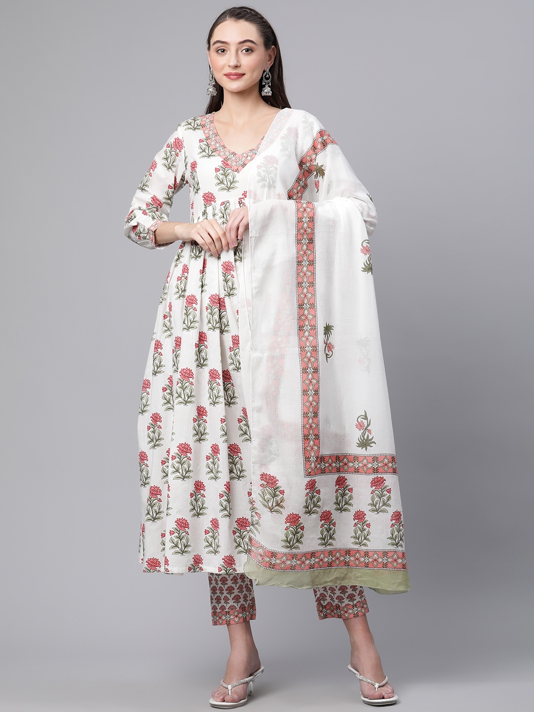 

Divena Women White Floral Printed Pure Cotton Kurta with Trousers & With Dupatta