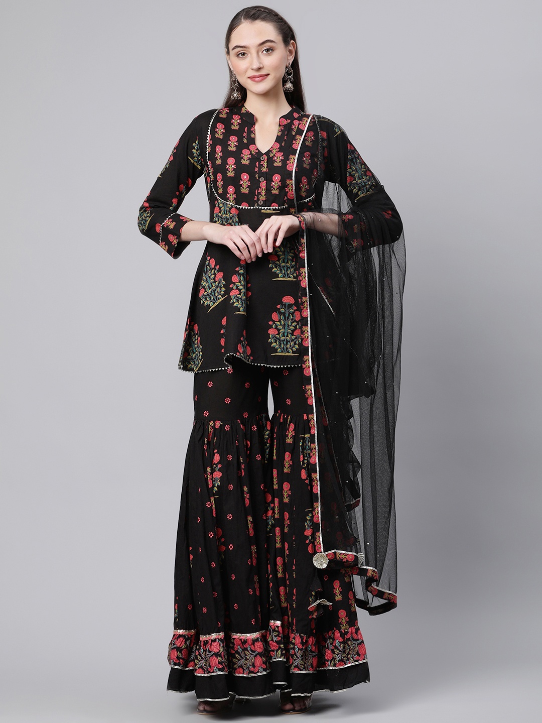 

Divena Women Black Floral Printed Gotta Patti Pure Cotton Kurta with Sharara & With Dupatta