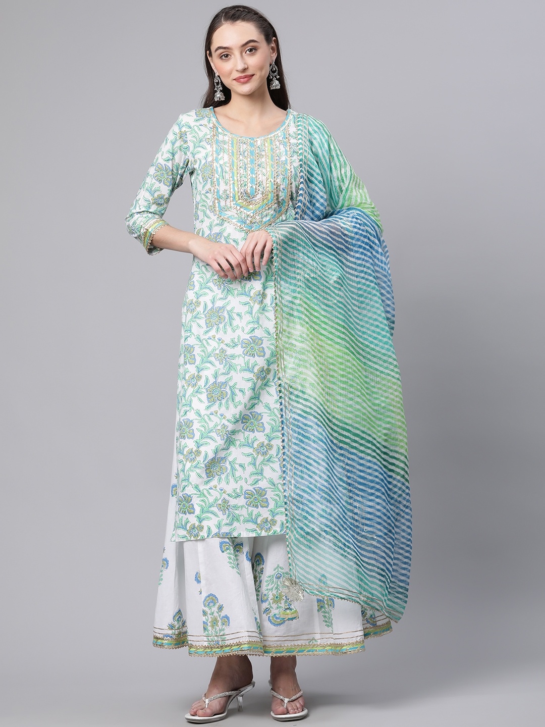 

Divena Women White Floral Printed Gotta Patti Pure Cotton Kurta with Palazzos & With Dupatta