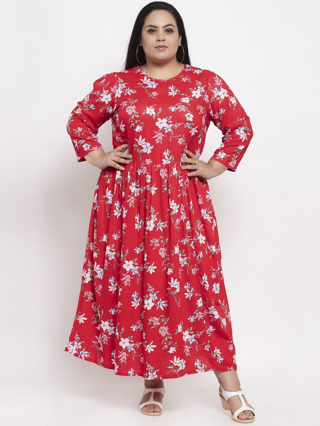 

plusS Plus-Size Women Red & White Floral Printed Floral Anarkali Kurta