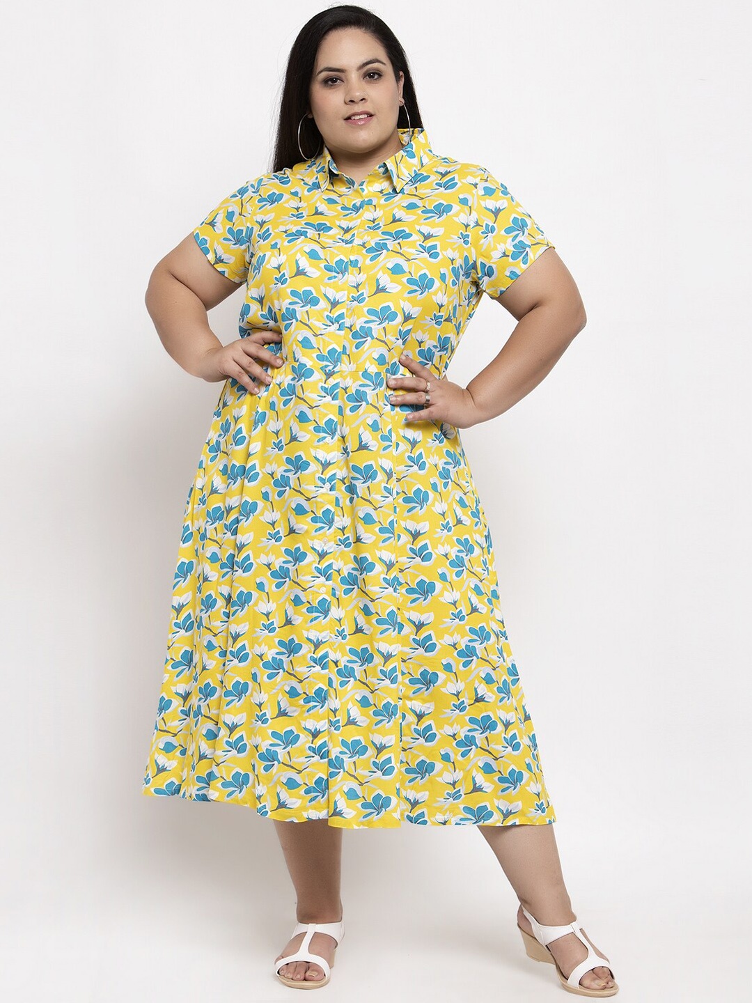 

plusS Plus Size Women Yellow & Blue Floral Printed Kurta