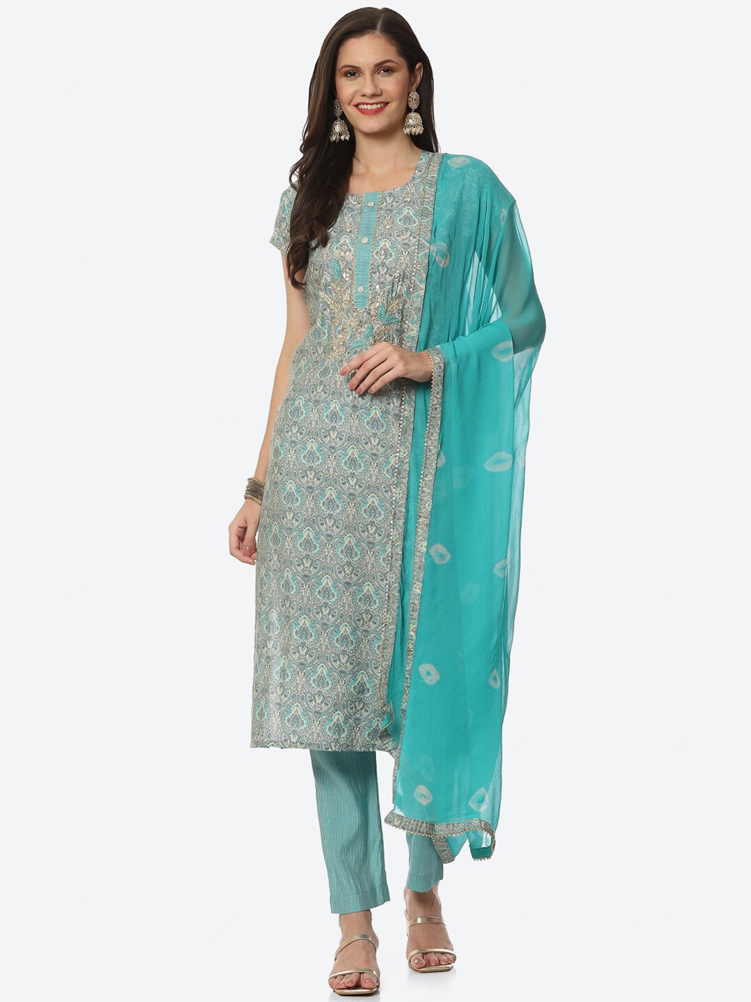 

Biba Blue & Gold-Toned Printed Art Silk Unstitched Dress Material