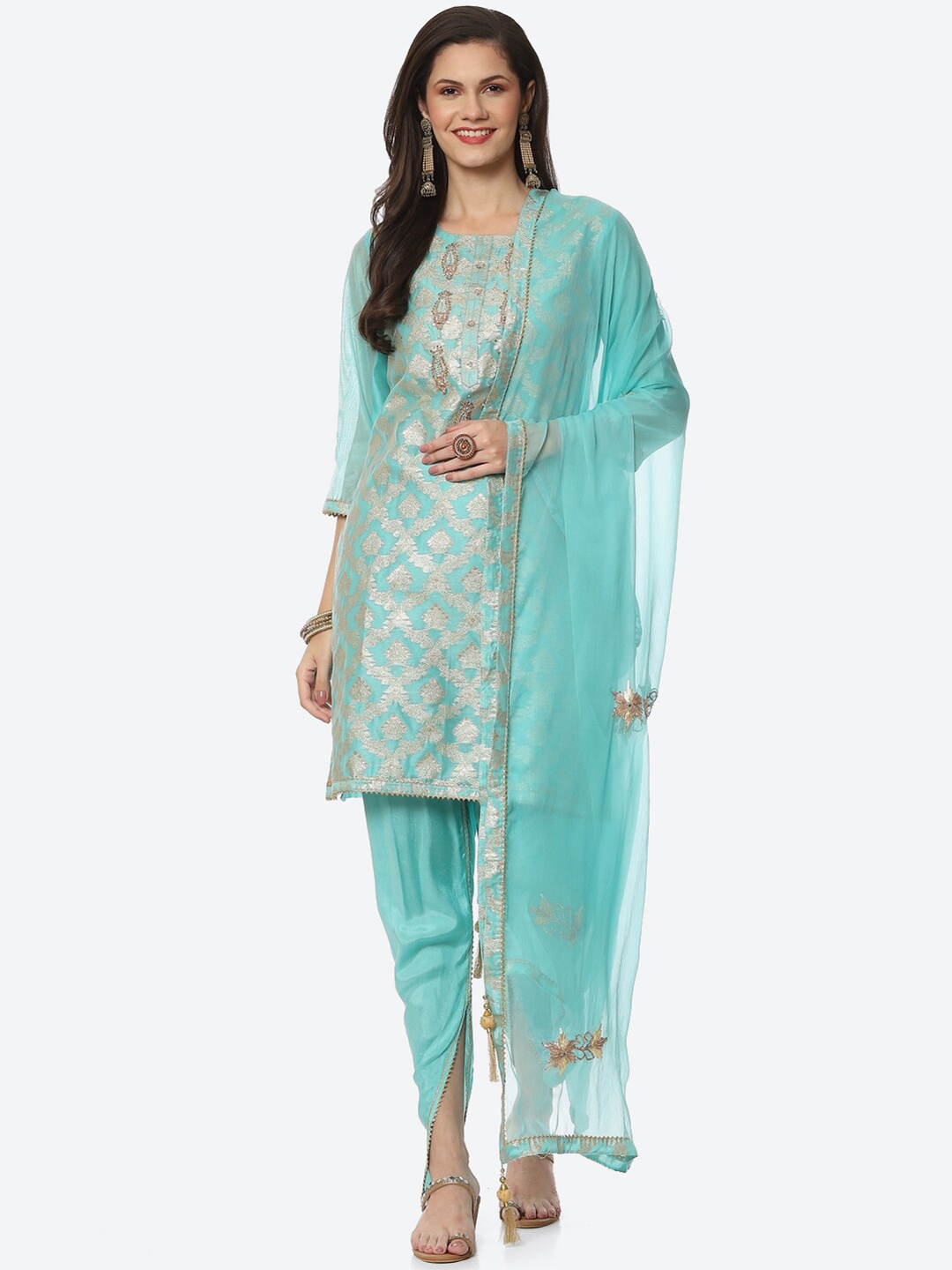 

Biba Blue & Silver-Toned Embellished Art Silk Unstitched Dress Material