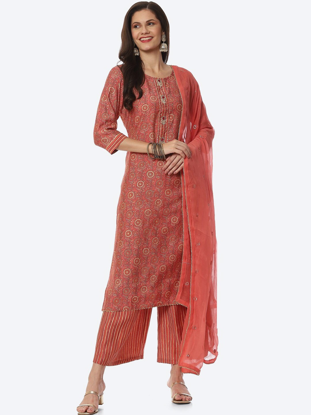 

Biba Women Brown & Gold-Toned Printed Art Silk Unstitched Dress Material