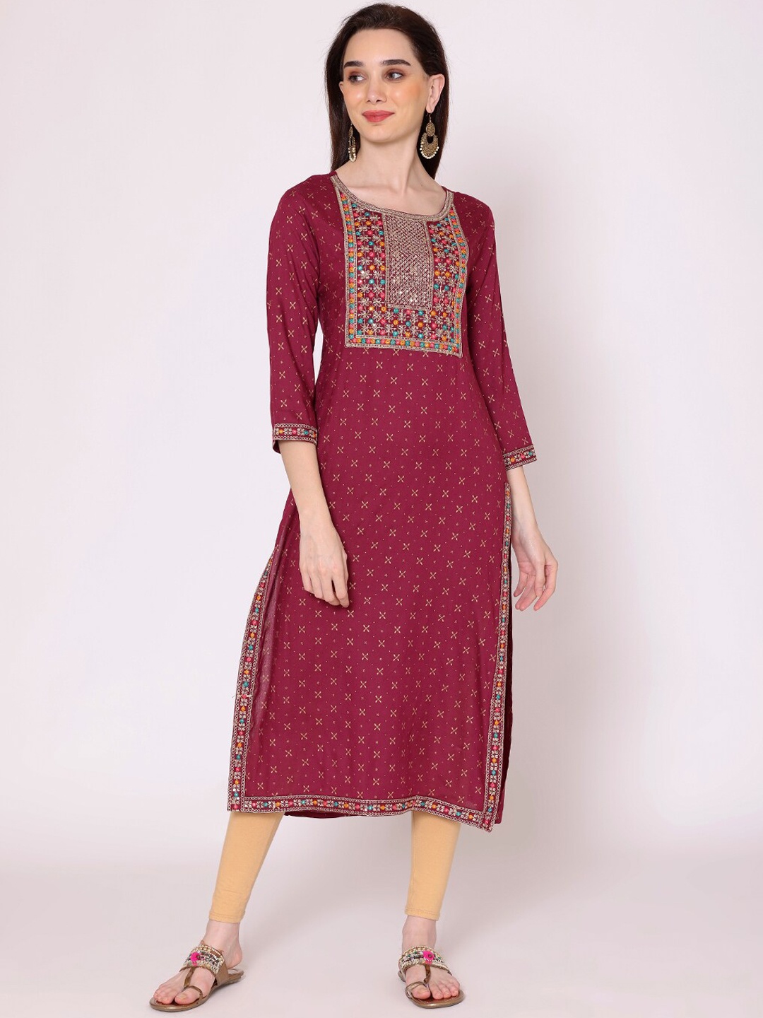 

KALINI Women Maroon Printed Mirror Work Kurta