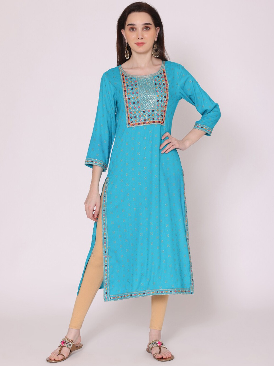 

KALINI Women Turquoise Blue Embroidered Thread Work Kurta