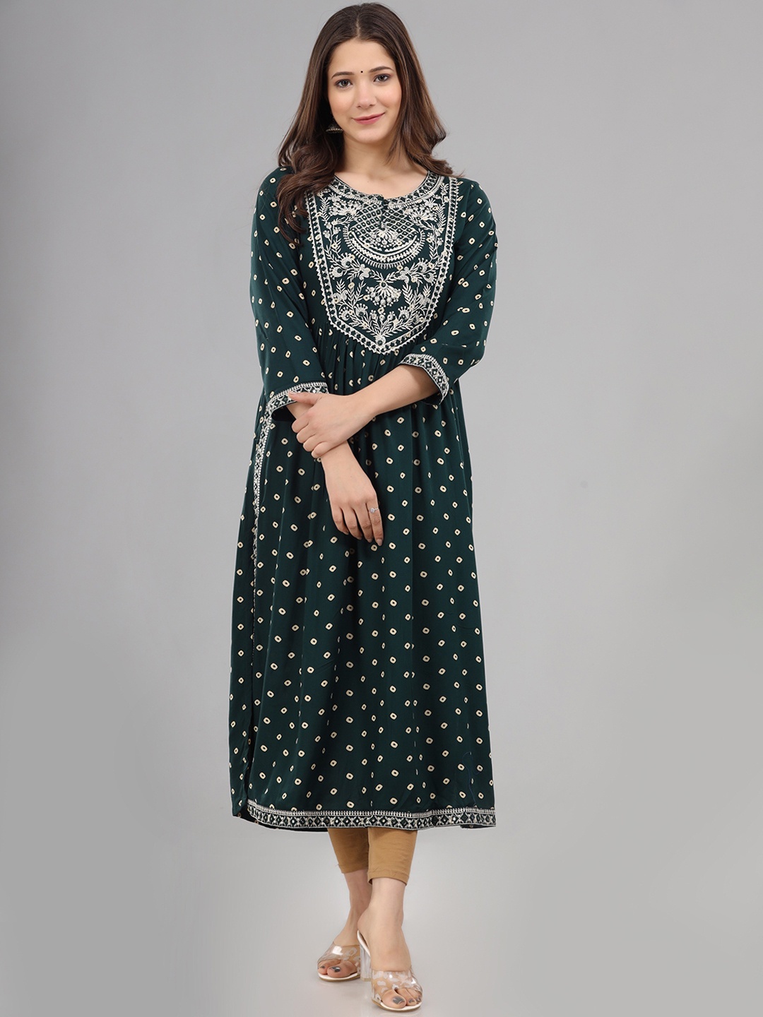 

KALINI Women Green Ethnic Motifs Printed Embroidered Kurta