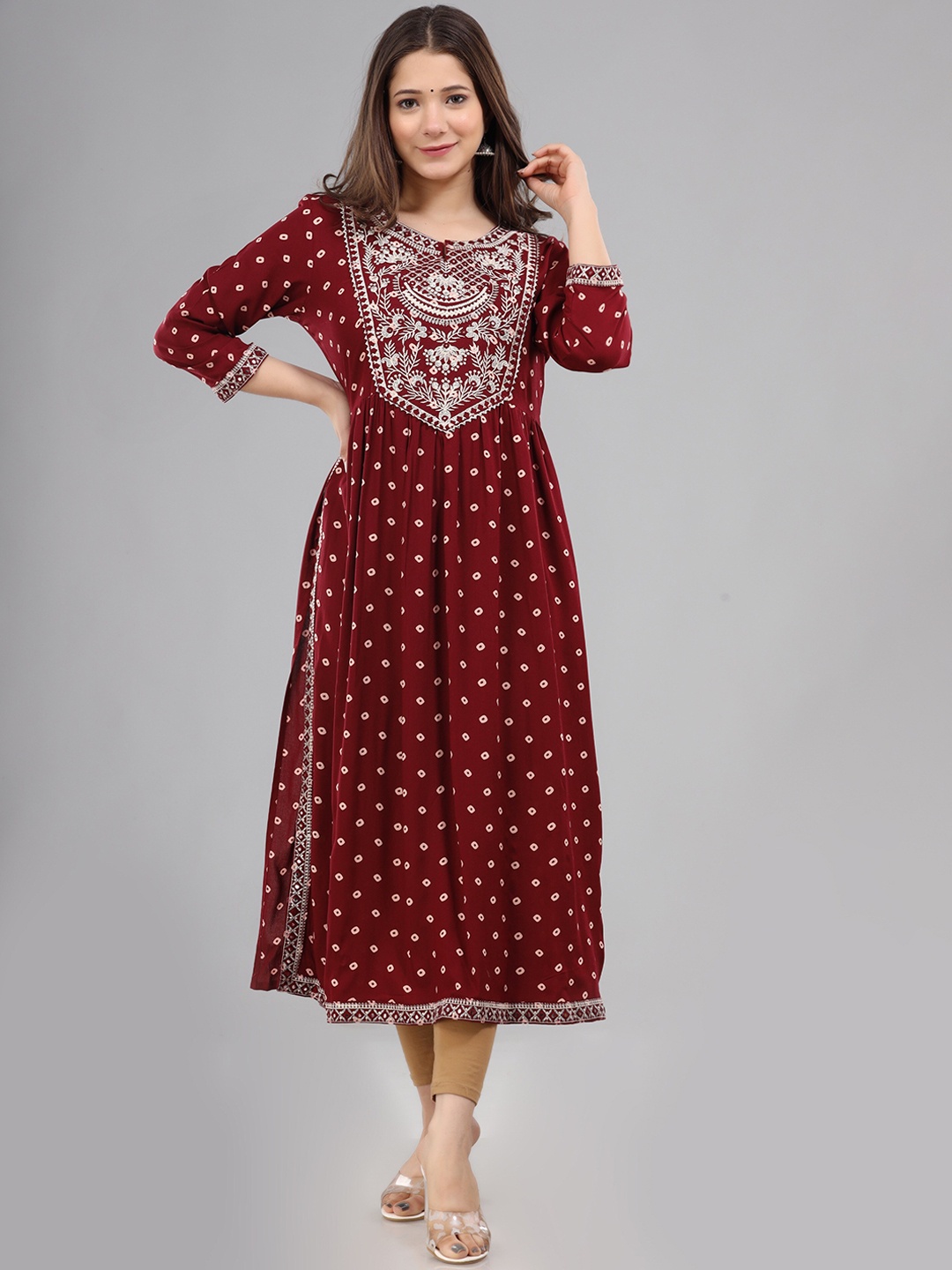 

KALINI Women Maroon Geometric Printed Thread Work Kurta