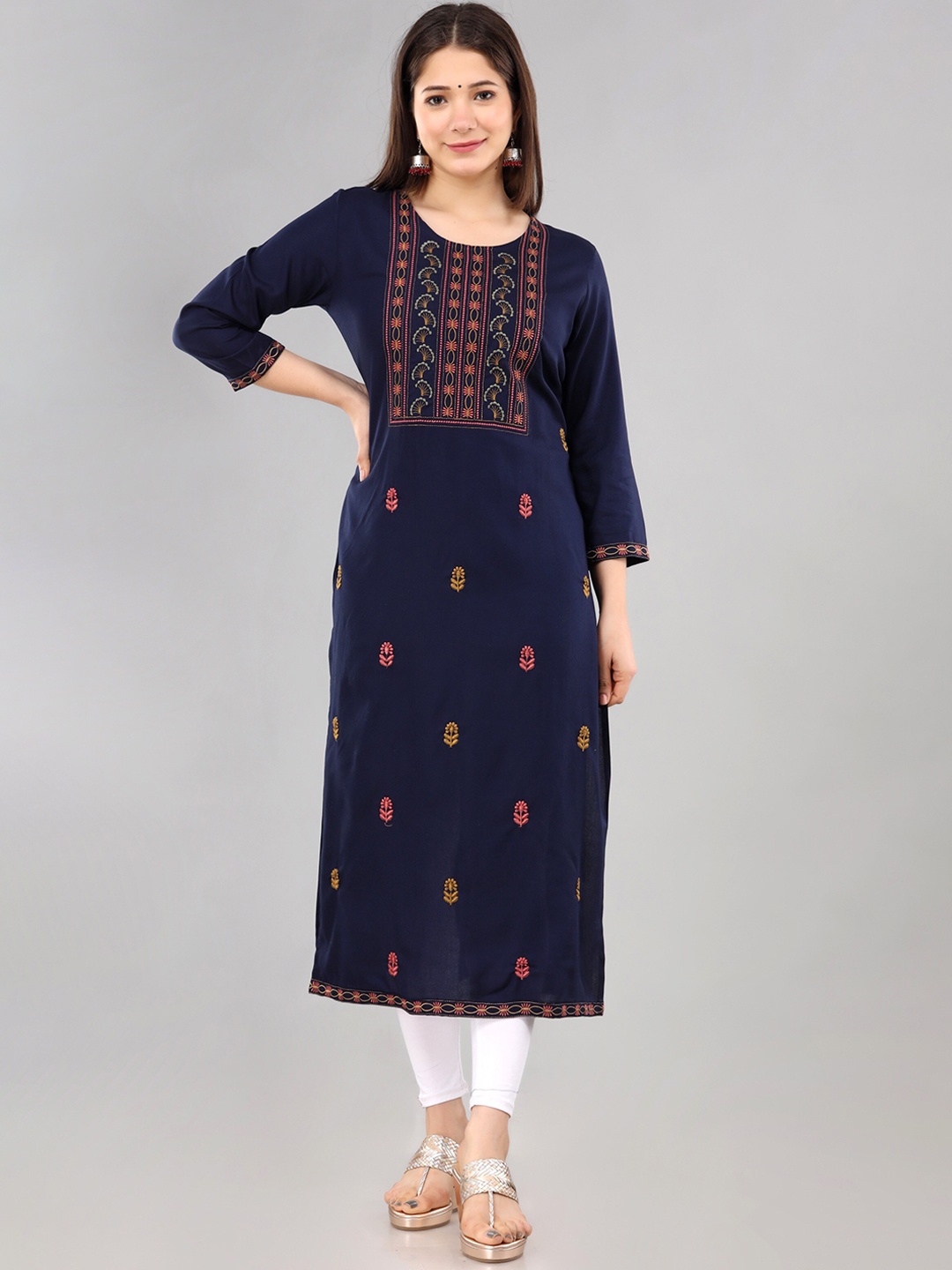 

KALINI Women Navy Blue & Rust Yoke Design Thread Work Kurta