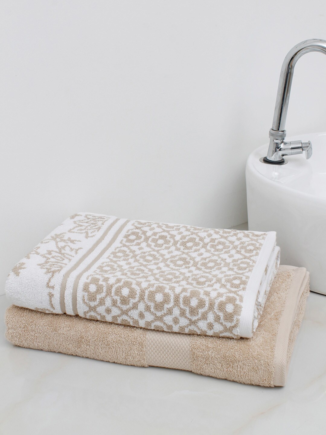 

AVI Living Set Of 2 Printed Pure Cotton 550 GSM Towel Set, Beige