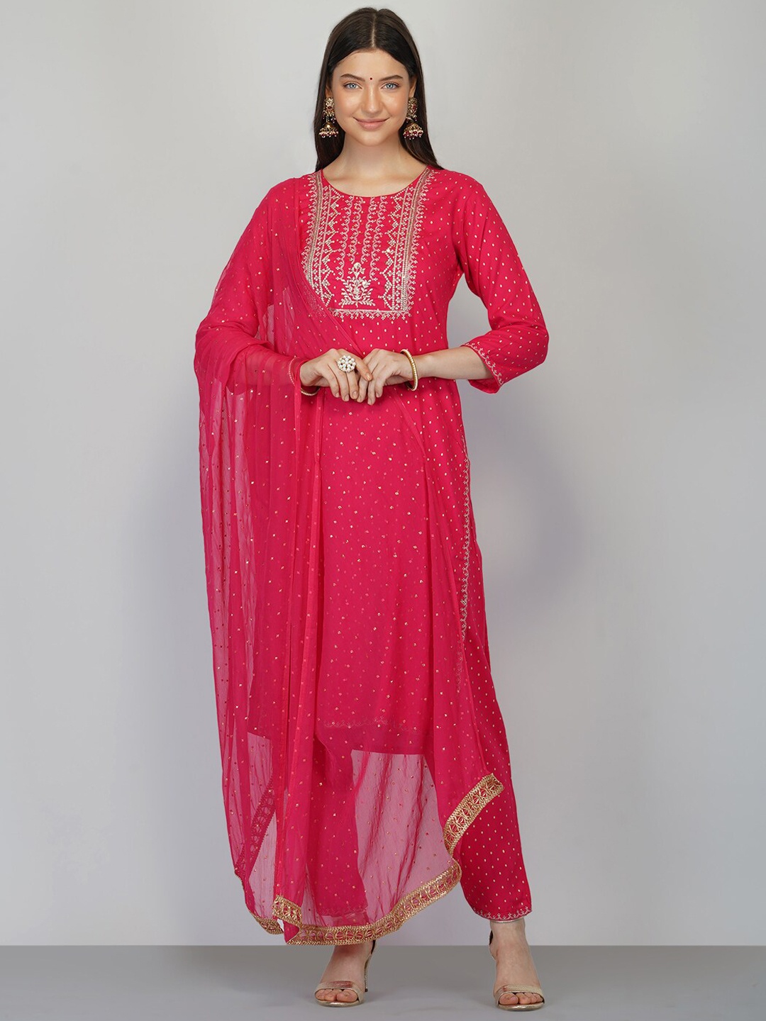 

Ziva Fashion Women Pink Ethnic Motifs Kurti with Trousers & With Dupatta