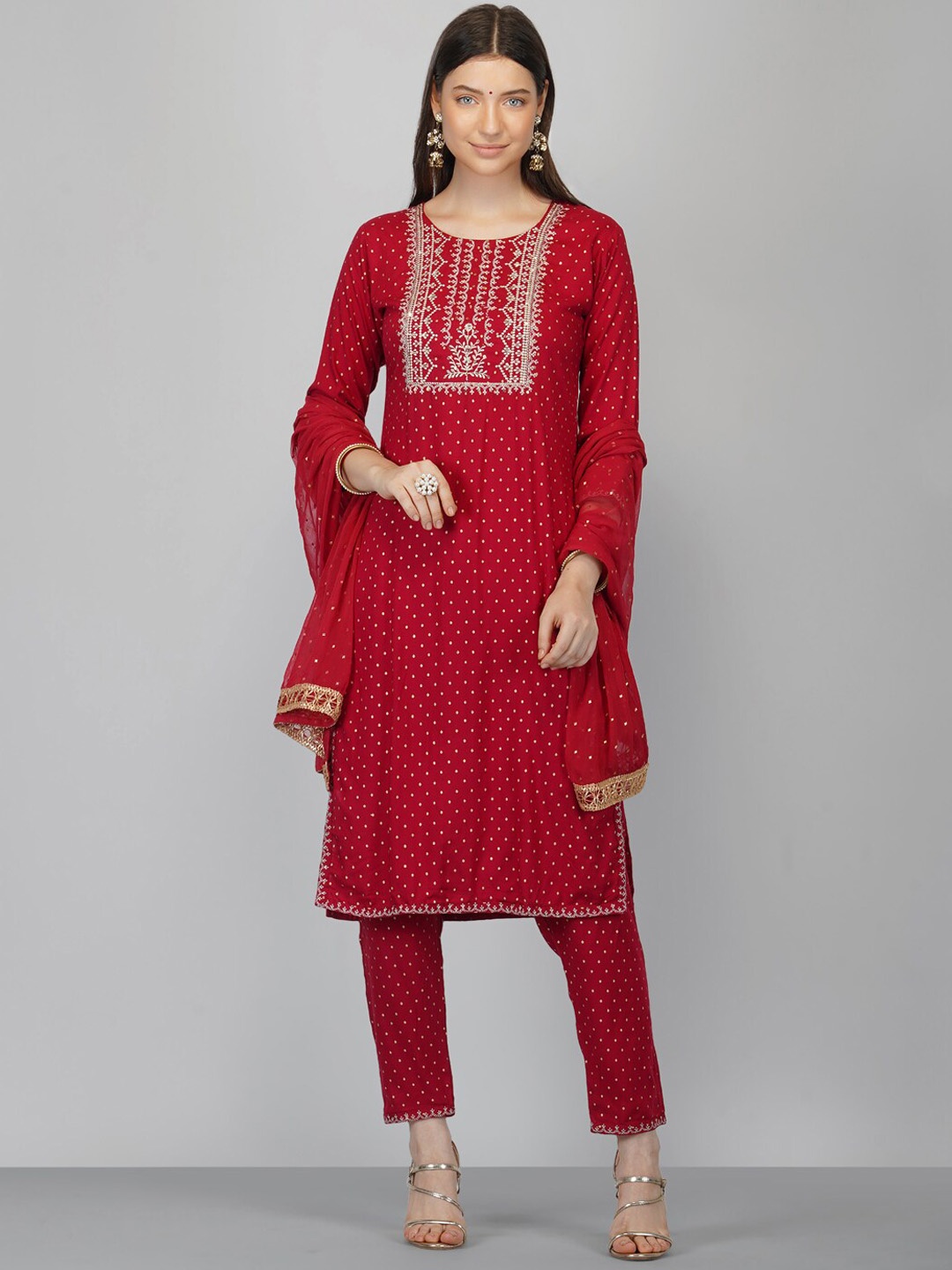 

Ziva Fashion Women Maroon Yoke Design Kurta With Trouser & Dupatta