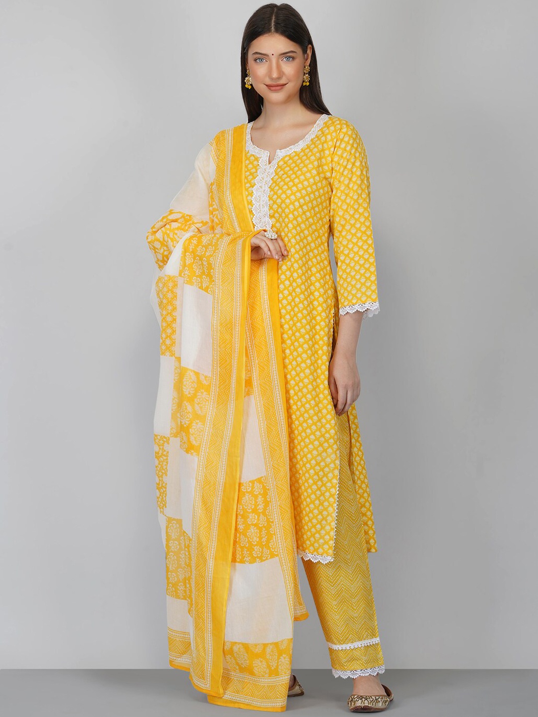 

Ziva Fashion Women Yellow Ethnic Motifs Printed Pure Cotton Kurta with Trousers & With Dupatta