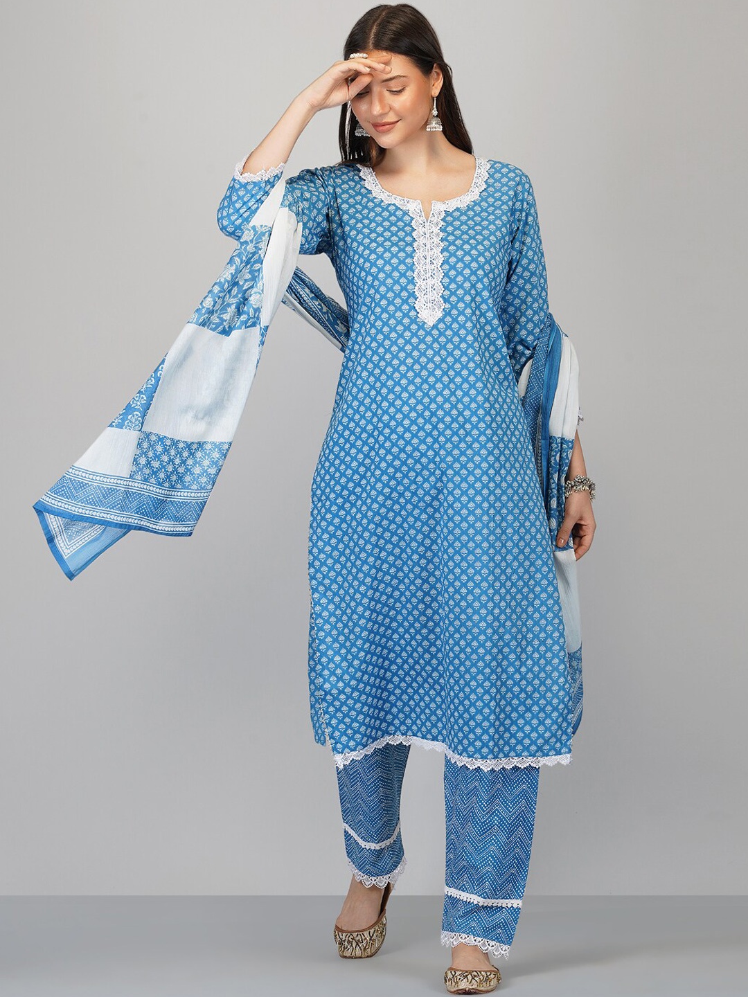 

Ziva Fashion Women Blue Ethnic Motifs Printed Pure Cotton Kurta with Trousers & Dupatta