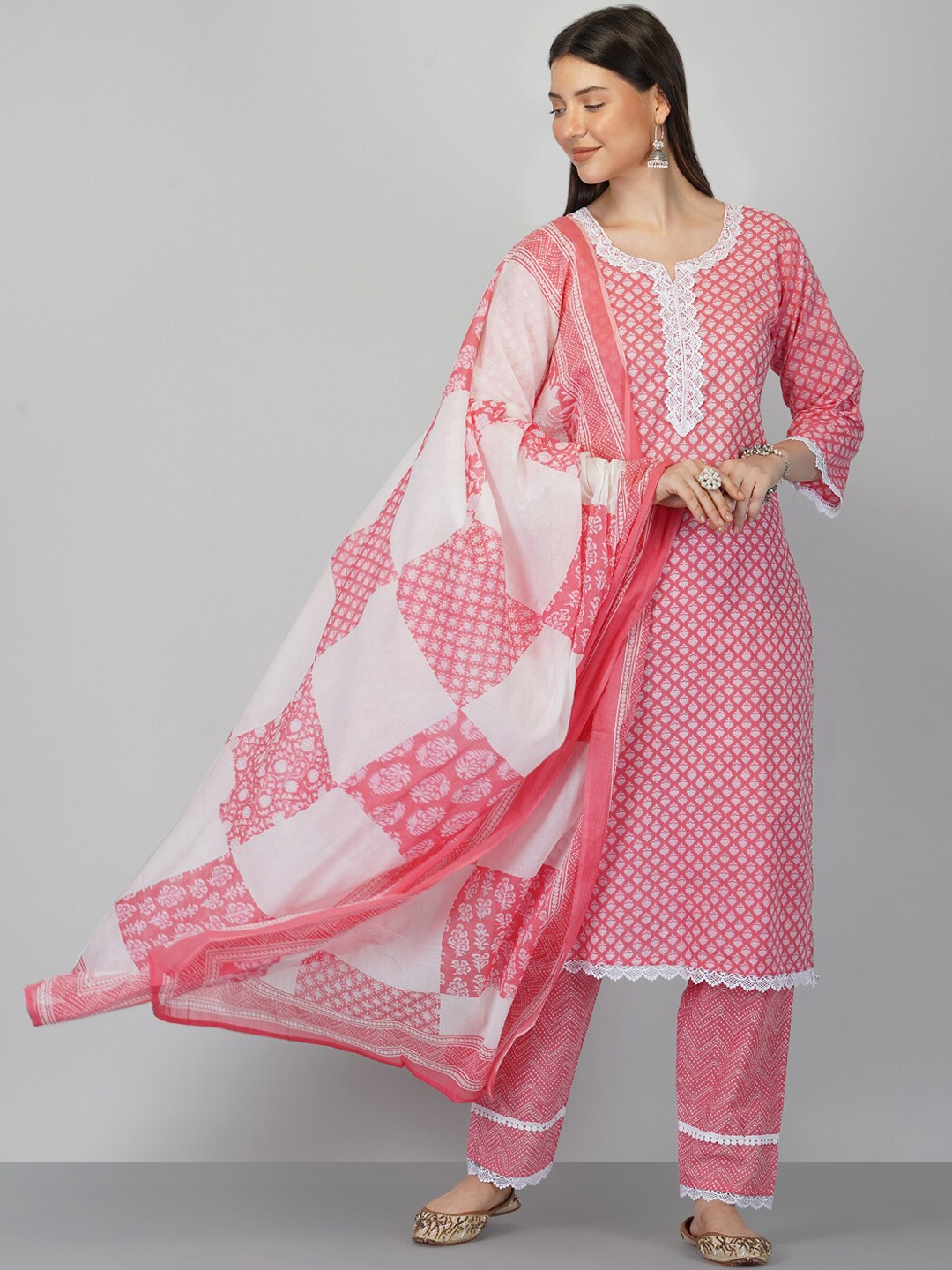 

Ziva Fashion Women Pink Ethnic Motifs Printed Pure Cotton Kurta with Trousers & With Dupatta