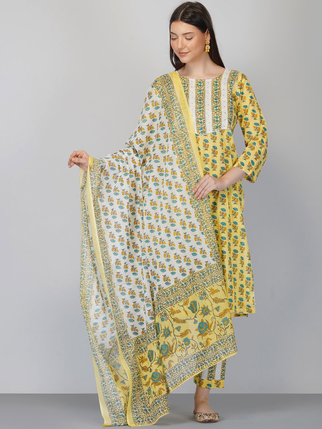 

Ziva Fashion Women Yellow Ethnic Motifs Printed Pure Cotton Kurta with Trousers & Dupatta