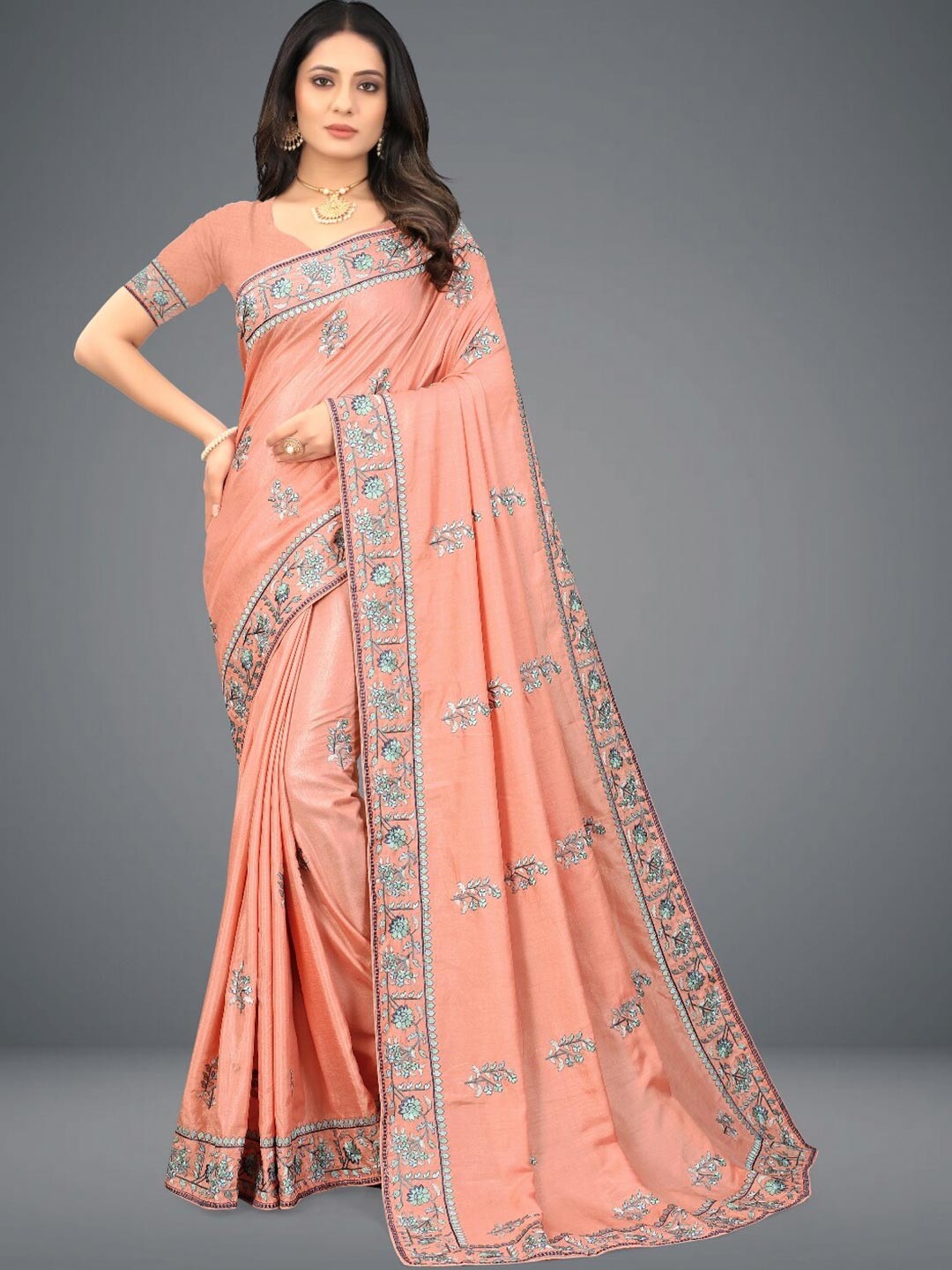 

GAJARAI Orange & Grey Floral Embroidered Silk Blend Banarasi Saree