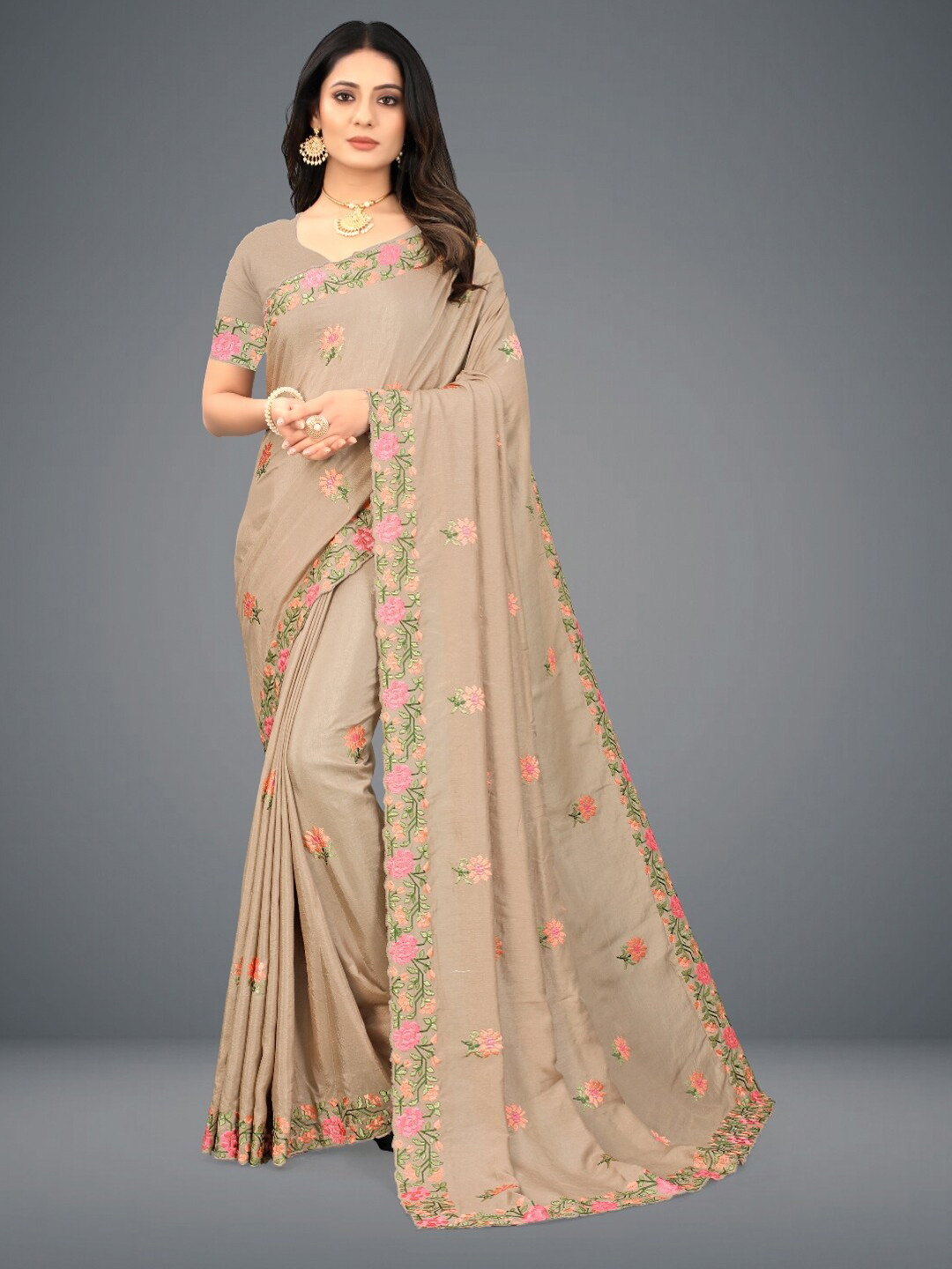 

GAJARAI Beige & Pink Floral Embroidered Silk Blend Saree
