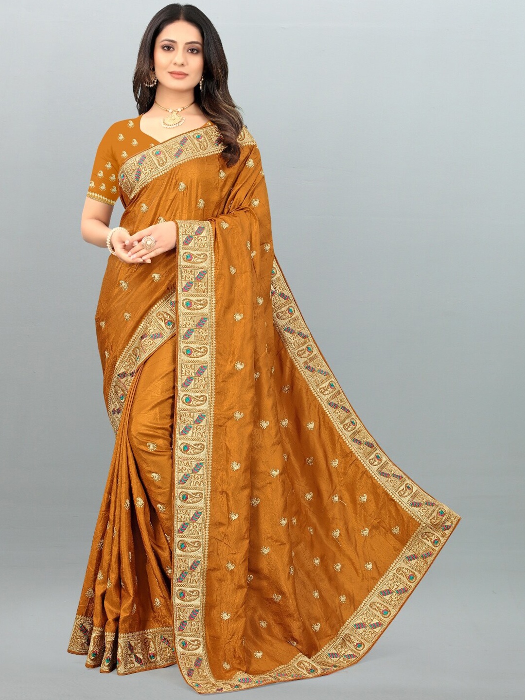 

GAJARAI Mustard & Blue Paisley Embroidered Silk Blend Banarasi Saree