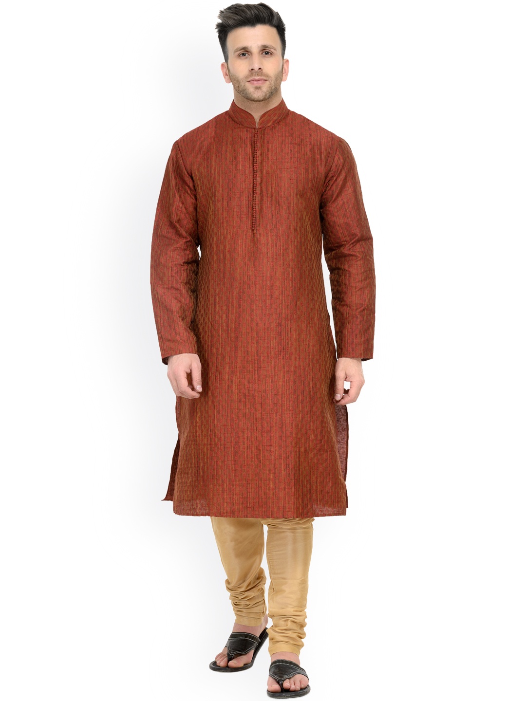 

Chitwan Mohan Men Maroon & Beige Self-Design Kurta with Churidar