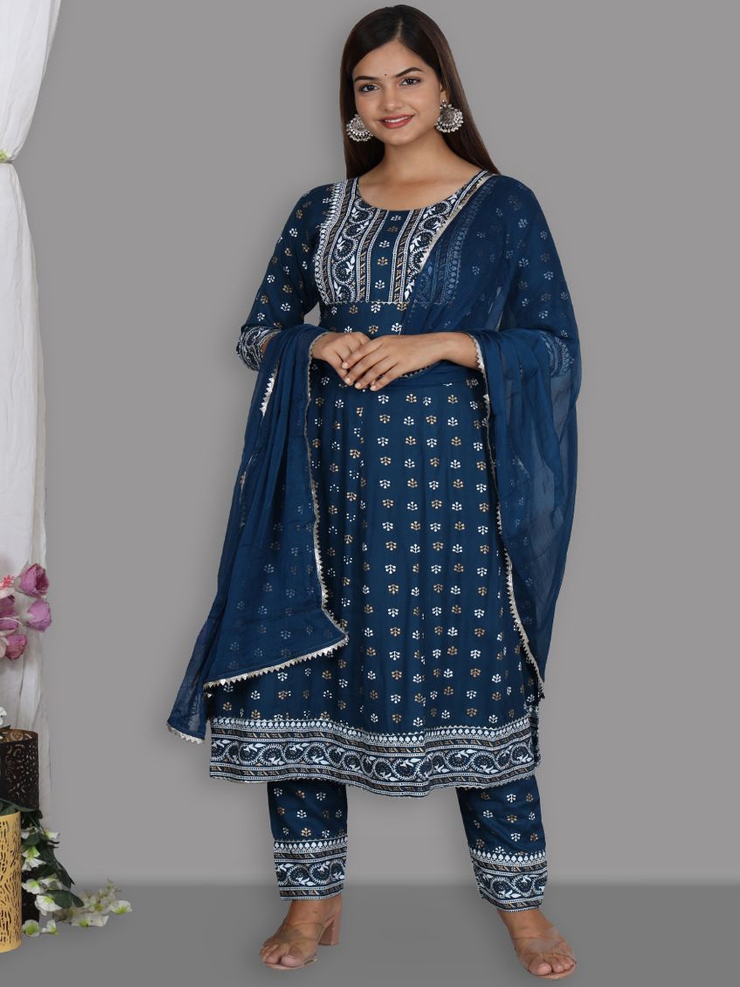 

Ziva Fashion Women Blue Floral Embroidered Kurta with Trousers & With Dupatta