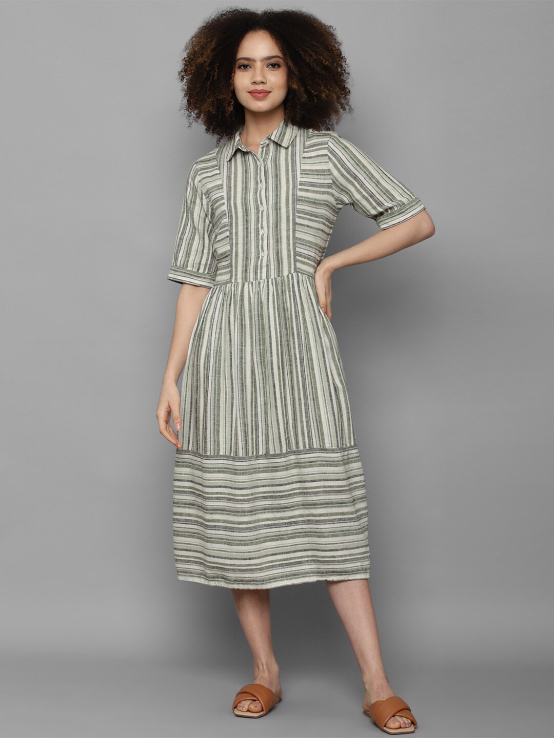 

Allen Solly Woman Women Olive Green Striped Linen Shirt Midi Dress