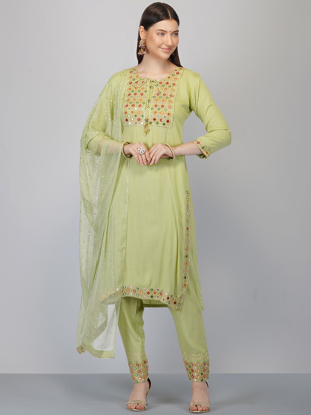 

Ziva Fashion Women Lime Green Floral Embroidered Empire Kurta with Churidar & With Dupatta