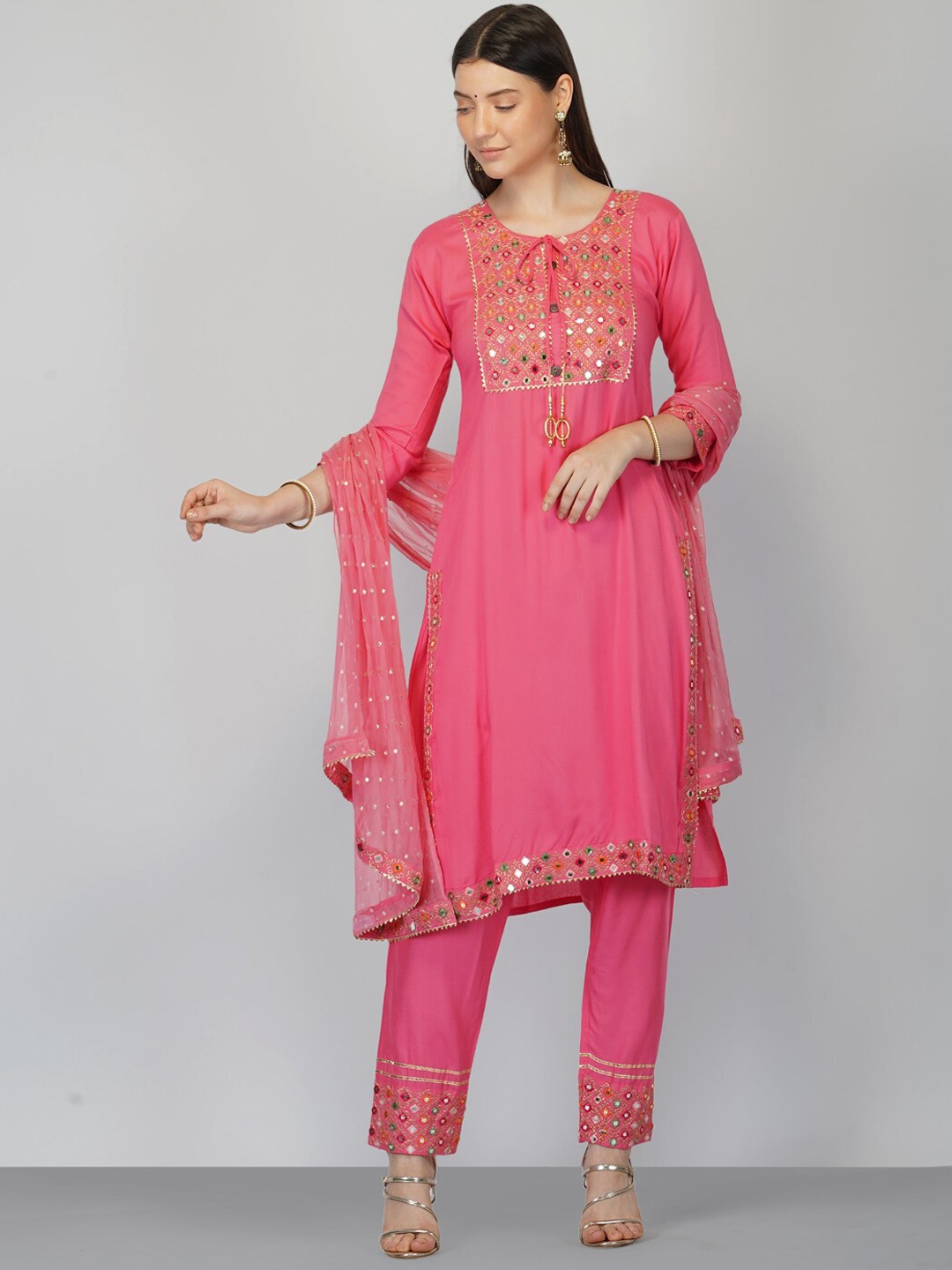

Ziva Fashion Women Pink Yoke Design Panelled Kurta Set With Dupatta