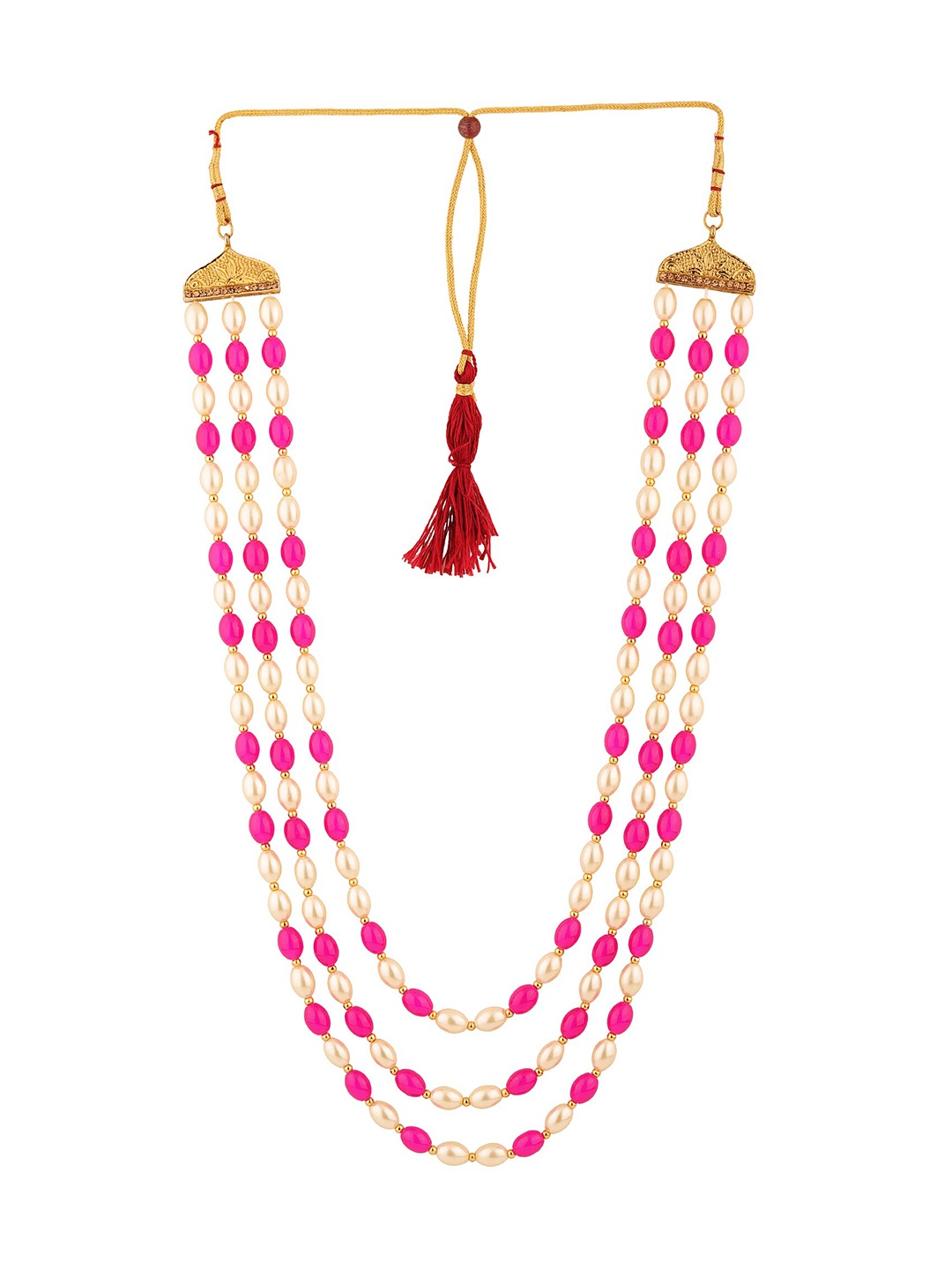 

Sanjog Men Fuchsia Pink & White Brass Layered Pearl Necklace
