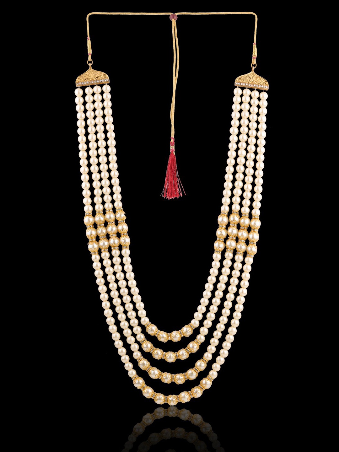 

Sanjog Men White & Gold-Plated Brass Layered Dulha Moti Mala Haar Groom Necklace
