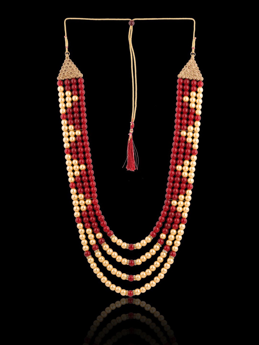 

Sanjog Men Pearl Layered Dulha Moti Mala Haar Groom Necklace, Red