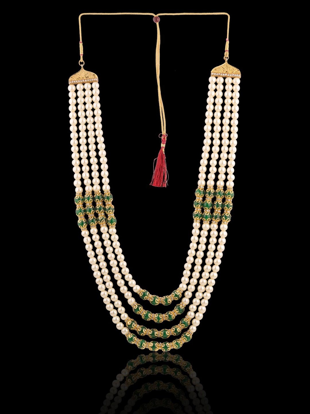 

Sanjog Men Green & White Brass Layered Dulha Moti Mala Haar Groom Necklace