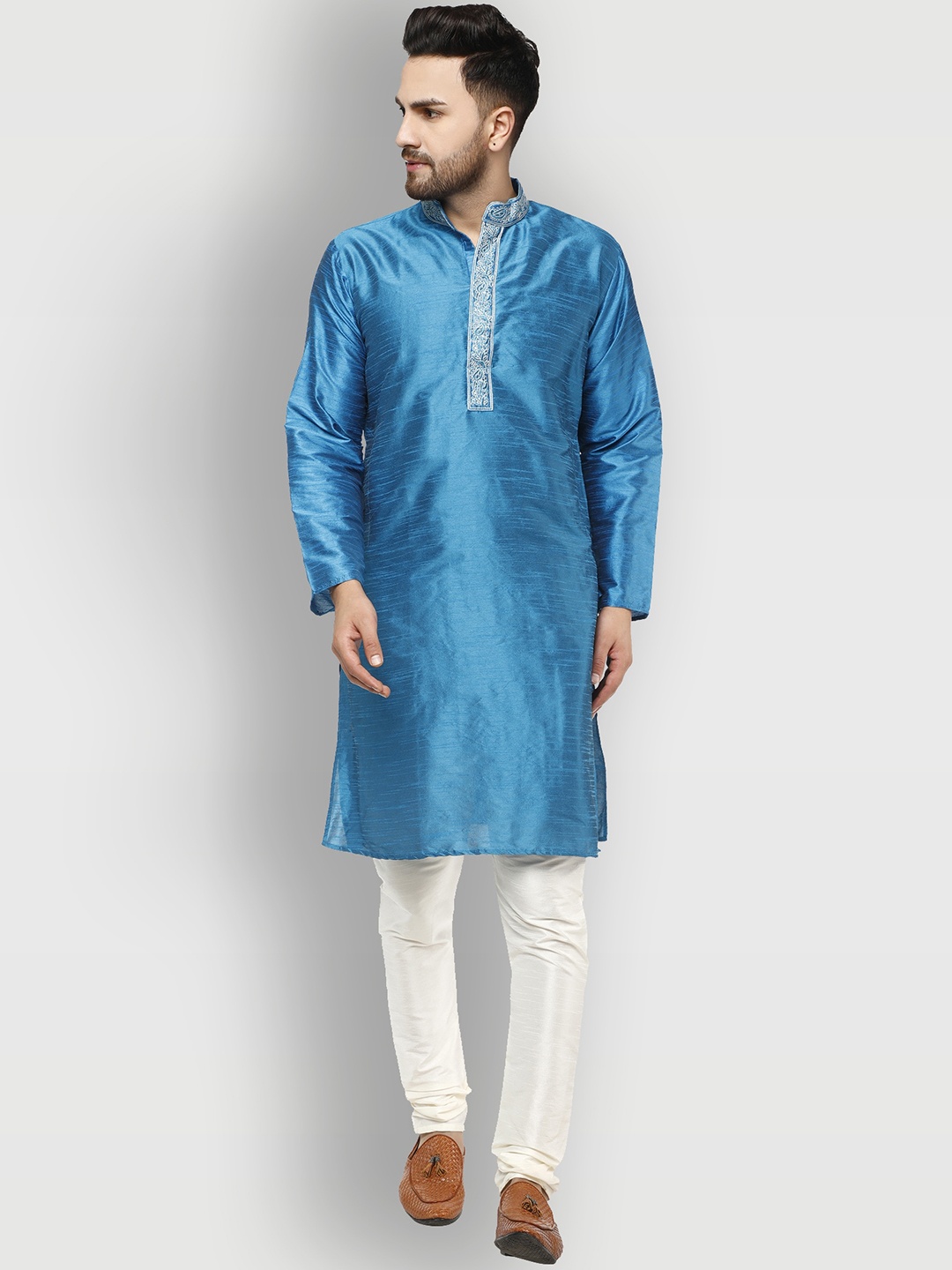 

Enciger Men Turquoise Blue Paisley Yoke Design Thread Work Dupion Silk Kurta with Churidar